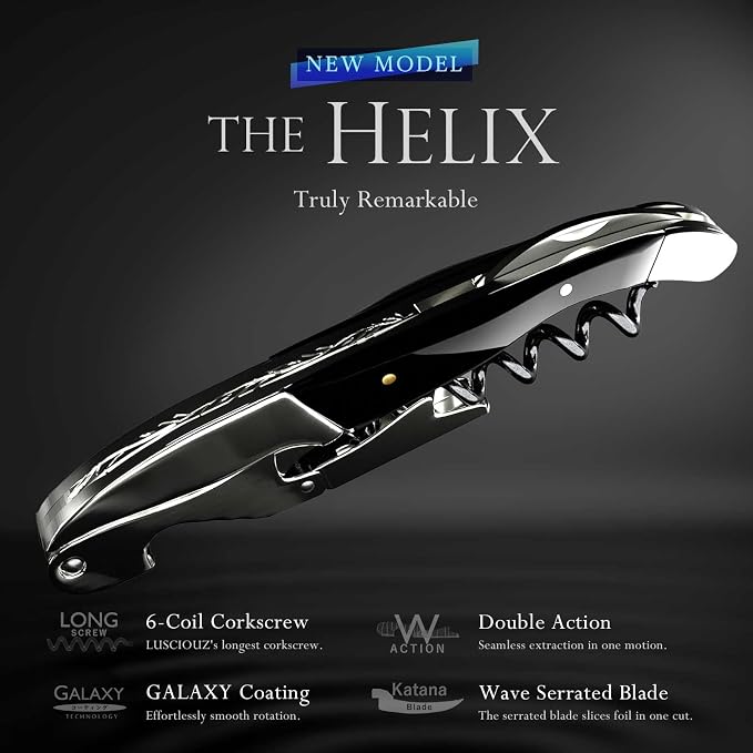 LUSCIOUZ Zero Resistance THE HELIX Elite Corkscrew Silent Wine Bottle Opener Waiters Corkscrew Wine Key (6-Coil Long Corkscrew)