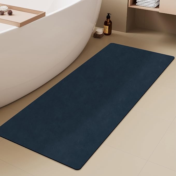 TYUU Bathroom Mat Quick Dry, Bathroom Rugs Non Slip Washable Thin Absorbent Bath Mat Fits Under Door Bathroom Floor Mat Perfect for Bath, Shower, or Sink 24"x60" Navy Blue