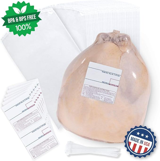 Poultry Shrink Bags (10x18) 100ct + Zip Ties and Labels, BPA/BPS Free, 3MIL, MADE IN USA