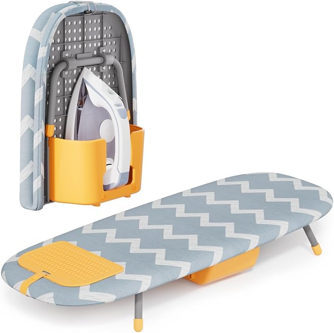 Small Ironing Board, Foldable Tabletop Ironing Board with Iron Holder and Silicone Iron Rest Pad for Small Spaces