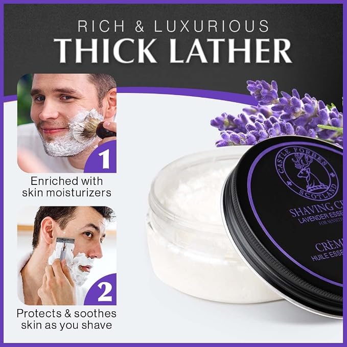 Castle Forbes Lavender Shaving Cream For Men, 6.8 fl.oz. | Moisturizing Smooth Shave Lather w/Esseantial Oils | Protects Sensitive Skin From Razor Burn & Irritation | Luxury Grooming & Beard Care