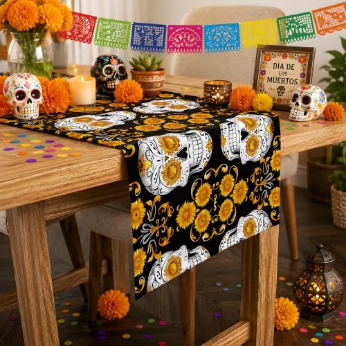 Dia De Los Muertos Decorations - Sugar Skull Table Runner with Banner