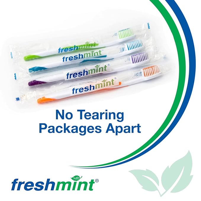 FRESHMINT Individually Wrapped Bulk Premium Toothbrushes (144 Pack), Oversized Easy Grip Handle, Soft Multi Color Nylon Bristles, Perfect for Travel, Hotel, Donation. Toothpaste Sold Separately.