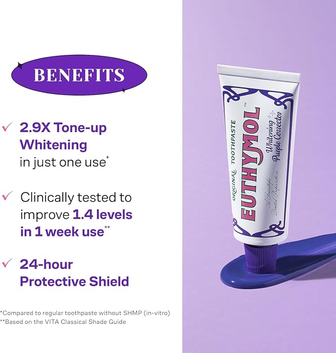EUTHYMOL Purple Whitening Toothpaste, Instant Tone-up | 3.7 floz*2 (2 Pack) | Whitening Toothpaste for Yellow & Sensitive Teeth, Violet ToneUp, 24H Stain Defense, Long-Lasting Fresh Breath, Aluminum tube