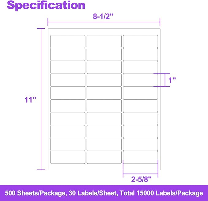 500 Sheets 15000 Address Labels, AveneMark 30-UP 1" x 2-5/8" Shipping Sticker Papers for Laser and Inkjet Printers, 30 Labels per Sheet