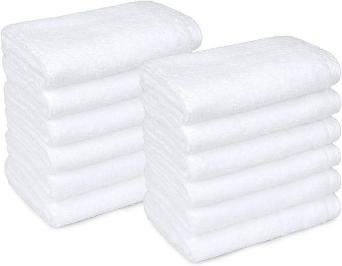 Amazon Basics Cotton Washcloths, Lightweight Quick-Dry, Absorbent Face and Body Towel Set, 12" x 12", White, 12-Pack