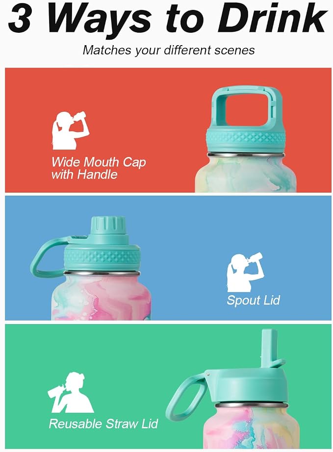 Coolflask Water Bottle Insulated with Straw & 3 Lids, 40 oz Water Jug Large Metal Stainless Steel Wide Mouth for Sports, Gym or Office, Non-BPA Keep Cold 48H Hot 24H, Pastel Sorbet