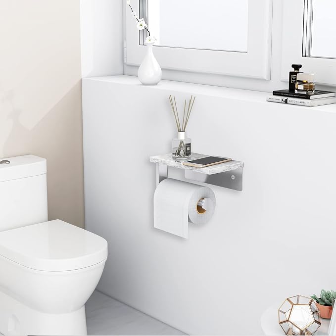 Gypie Brushed Nickel Toilet Paper Holder with Natural Marble Shelf, Screw Wall Mounted, Tissue Roll Holder for Bathroom Washroom