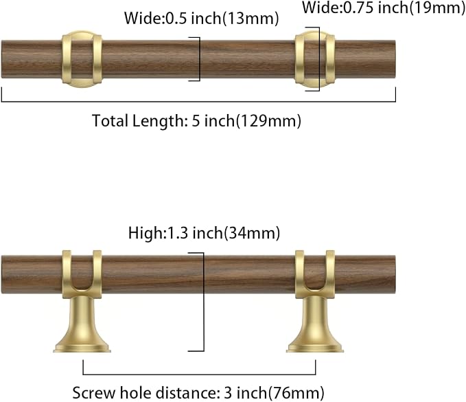 Asidrama 10 Pack 3 Inch(76mm) Wood and Gold Cabinet pulls Kitchen Cabinet Handles, Cabinet Pulls Kitchen Cabinet Hardware for Cupboard Drawer Pulls