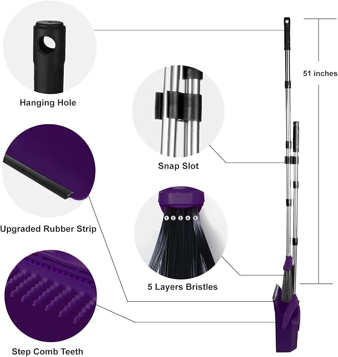 Tiumso Broom with Dustpan Combo Set, Broom and Dustpan Set with 51'' Long Handle, Dust Pan and Brooms, ZeroGap Lip, Self-Cleaning Dustpans Teeth for Lobby Kitchen Restaurant - Purple