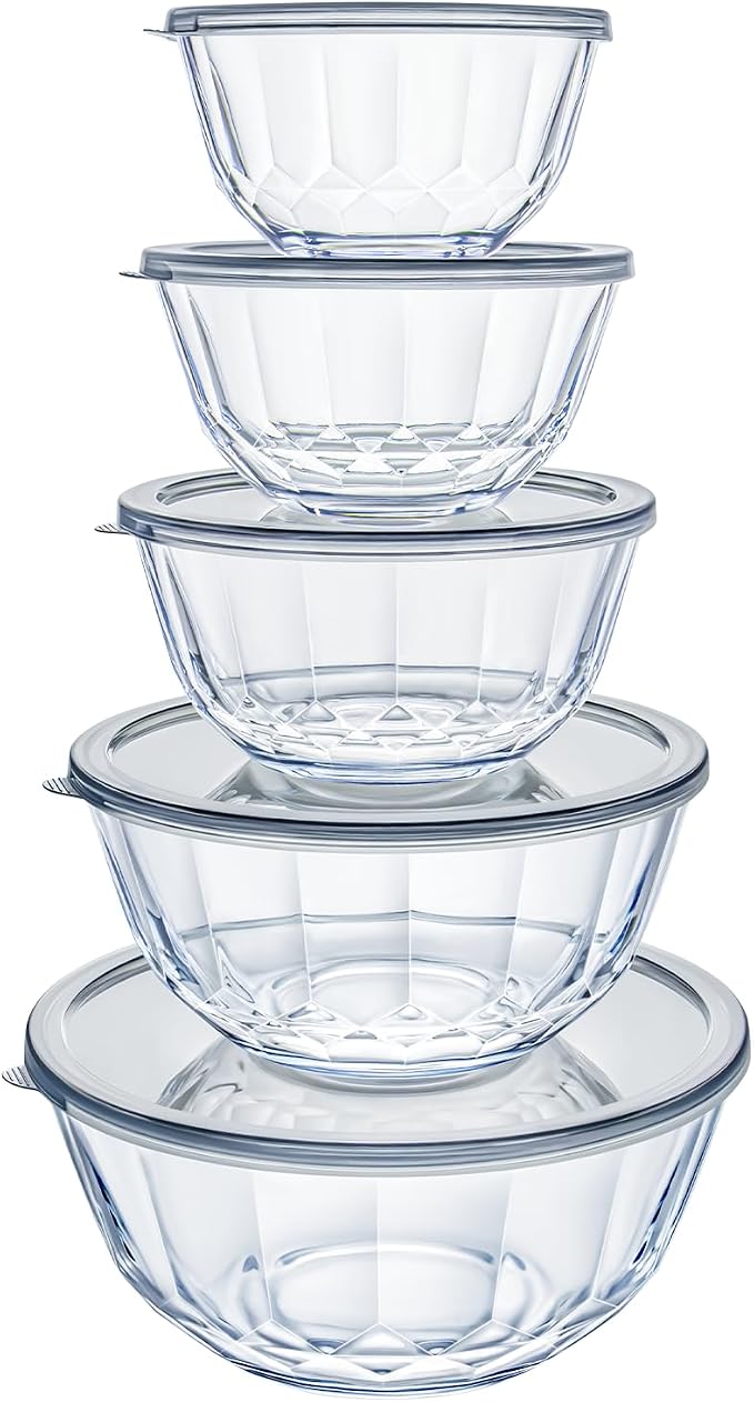 Luvan 5-Piece Glass Mixing Bowls Set with Lids - Clear Salad Bowls with Lids Set, Diamond Pattern Large Glass Mixing Bowl for Baking Prep, Serving & Storage