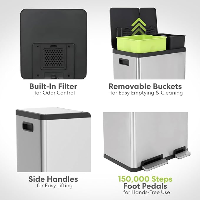 60 Liter / 16 Gallon Rectangular Hands-Free Dual Compartment Recycling Kitchen Step Trash Can with Soft-Close Lid, Brushed Stainless Steel (38L x 22L Capacity)