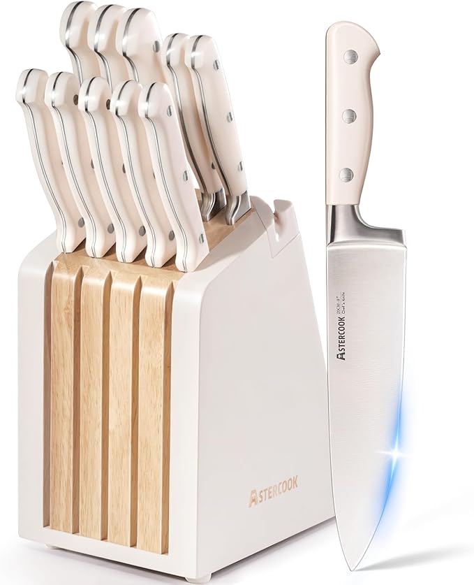 Astercook Knife Set, Kitchen Knife Set with Block and Sharpener, 12 Pcs Ultra-Sharp High Carbon Stainless Steel Knife Block Set with Non-Slip Full Tang Ergonomic Handle, Cream White Cutlery Set