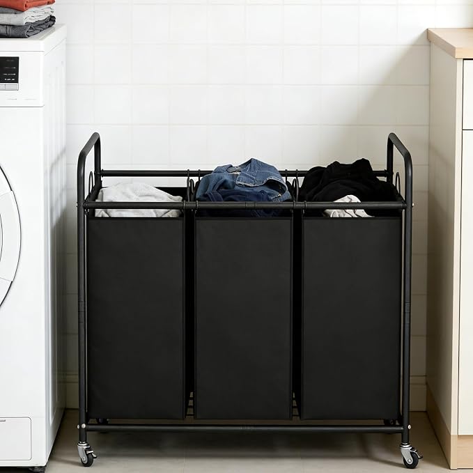 LINZINAR 3 Section Laundry Hamper, Black Laundry Basket 135L Laundry Sorter | Laundry Room Organization with Heavy Duty Rolling Lockable Wheels and Removable Bag, Bedroom Laundry Cart for Clothes Storage