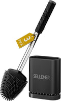 Sellemer Toilet Brush and Holder Set - Flexible Toilet Bowl Brush Head with Silicone Bristles, Compact Size for Storage and Organization, Ventilation Slots Base (3 Pack, Black)