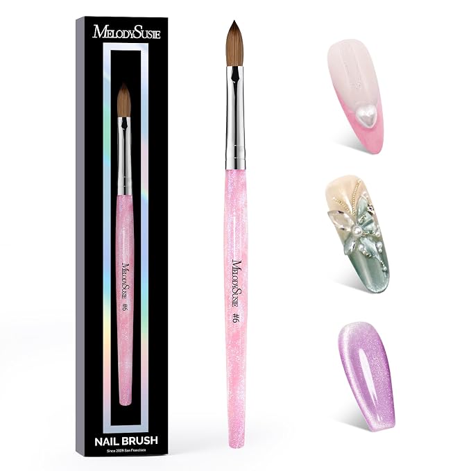 MelodySusie Kolinsky Acrylic Nail Brush,66% Kolinsky Hair,Professional Nail Art Brush for Acrylic Application, Aurora Collection Fine Glitter Brush, Size 6
