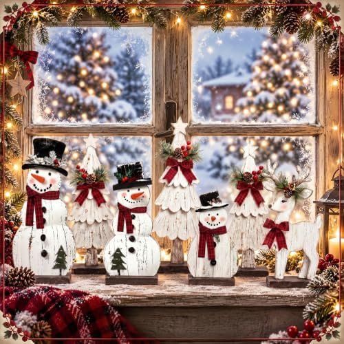 Barydat 7 Pcs Christmas Decorations Indoor Rustic Snowman Tree Reindeer