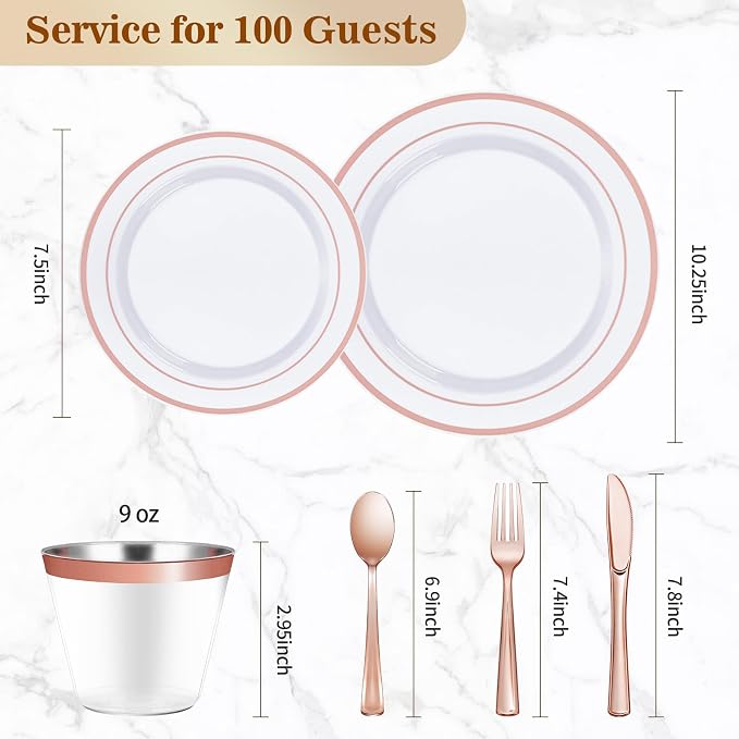 BESTVIP 600PCS Plastic Dinnerware Set (100 Guests), Rose Gold Disposable Plates for Party, Wedding, Christmas, Anniversary, Includes: Dinner Plates, Dessert Plates, Cups, Spoons, Forks and Knives