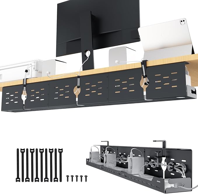 Univivi Under Desk Cable Management Tray - 48" Steel Cord Organizer, No-Drill C-Clamp & Screw Mount for Office/Home, Effortless Wire Management (Black)