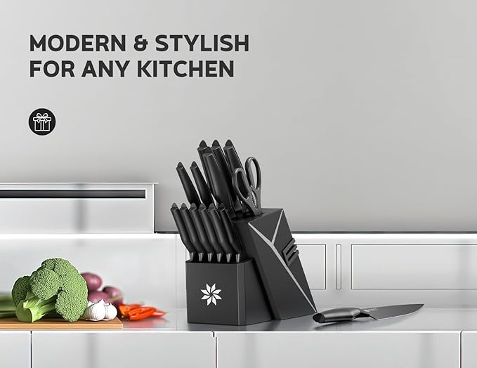 ASETY Kitchen Knife Set, 15 PCS Knife Block Set, Dishwasher Safe, Black | Razor Sharp Knives, Wood Block with Built-In Sharpener, Stainless Steel Knives set for Kitchen, Ergonomic Non-Slip Handle