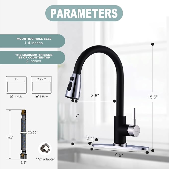 Black and Chrome Kitchen Faucet with Sprayer, WOWOW Stainless Steel Kitchen Sink Faucet High Arc Utility Sink Faucet 1 or 3 Hole, Kitchen Tap for RV, Laundry, Bar