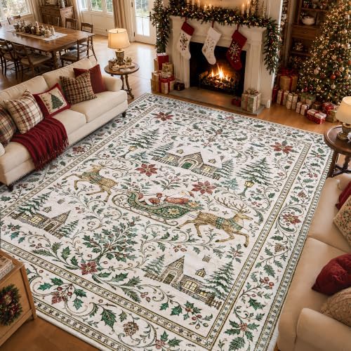 Engiw Christmas Rug 8x10 Area Rug, Washable Non-Slip, Soft Low Pile Carpet, Christmas Decorations for Living Room, Bedroom, Kitchen, Hallway, Entryway and Under Christmas Tree