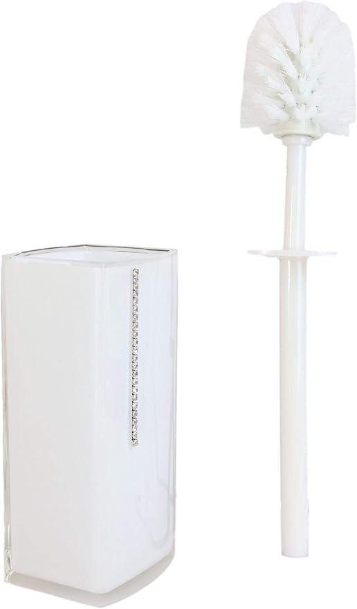 Classy Fashion Modern Chic Austrian Crystals Bathroom Gift Set 6 Piece Accessories Toothbrush Toothpaste Make Up Cosmetic Tools Holders Soap Dish and Pump Dispenser Toilet Brush & Base (White)