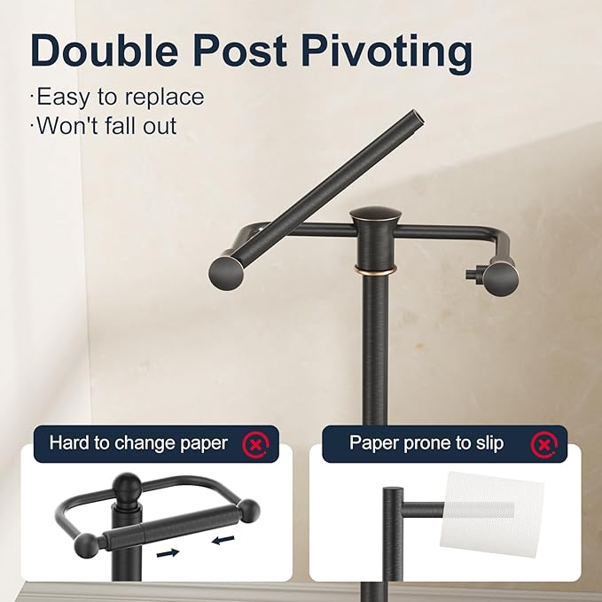 Bathroom Toilet Paper Holder Stand, Oil Rubbed Bronze Toilet Paper Holder Free Standing, Stainless Steel Pivoting Toilet Tissue Roll Holder，Adjustable Height (14 to 24 Inch) Paper Holder