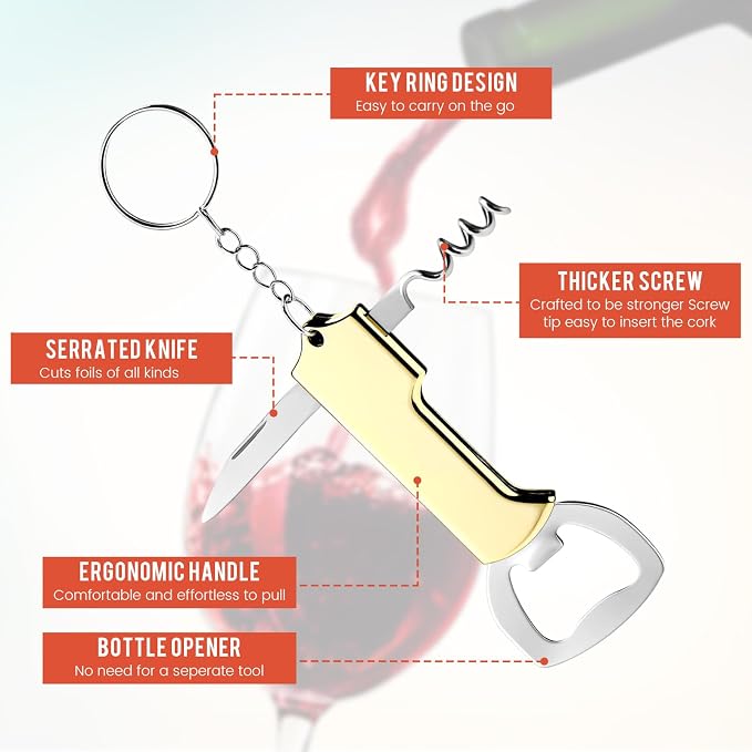 Ziliny 24 Pcs Bottle Opener Keychain Bulk Wine Bottle Beer Opener Keychain 3.27" Stainless Steel Corkscrew Waiter Corkscrew Wine Keyring Gifts for Christmas Bar Party Wedding Home (Gold)