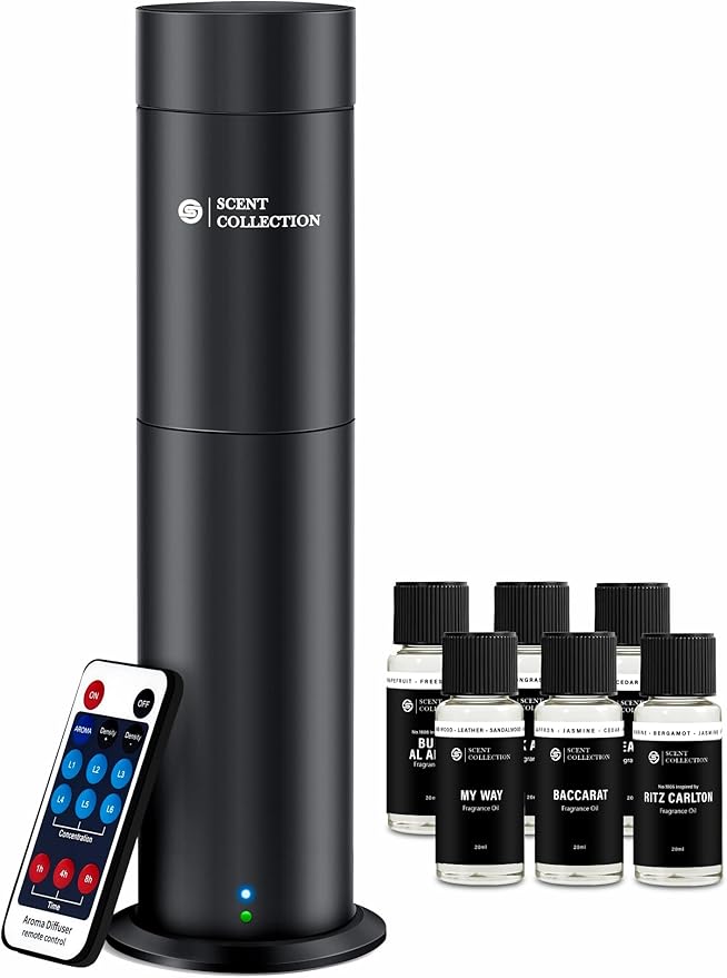 Hotel Waterless Scent Diffuser with 6 Fragrance Oils Covers up to 700 Sq Ft | Cold air scent diffuser with APP control, 6 fragrance oils, open bottle design, quiet operation, and 700 sq ft coverage.