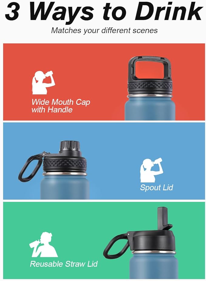 Coolflask Water Bottle 24 oz Insulated with Straw, Stainless Steel Metal 3 Lids Water Flask Wide Mouth for Sports or Office, Non-BPA Keep Cold Up to 48 Hrs or Hot Up to 24 Hrs, Samurai Cyan