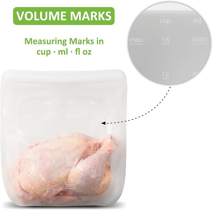 100% Silicone Gallon Storage Bags, Extra Large Reusable 1 Gallon Silicone Storage Bags Stand-Up Zip-Lock Leakproof for Bulk Food & Large Portions, Freezer Microwave Sous Vide Dishwasher Safe, 2 Pack