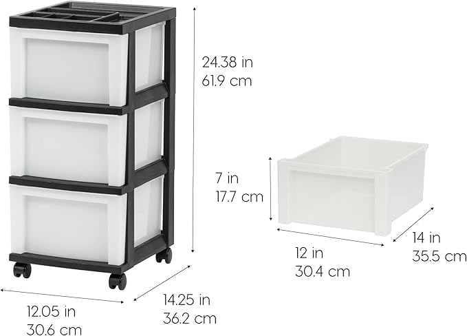 IRIS USA Plastic Drawer Storage Organizer Rolling Cart, with Wheels Casters, 3-Drawers, for Classroom Art Craft Supplies Dresser Closet Bathroom Laundry Room, Black/Pearl