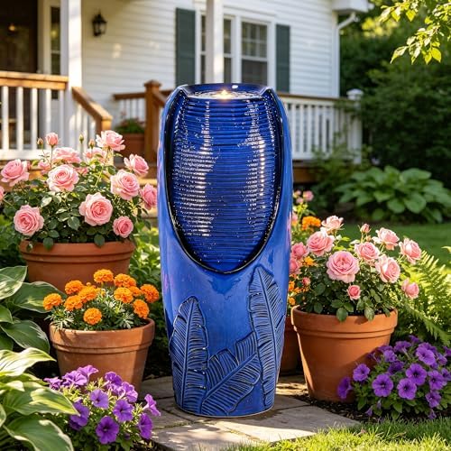 Autodaya 33" Outdoor Fountain with LED Lights, Rich Blue Glaze Ceramic Jar