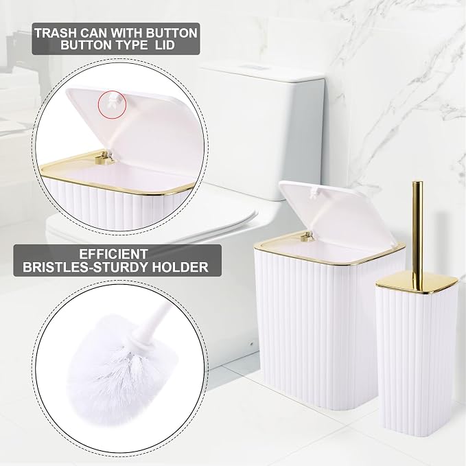 XLHOMO Bathroom Accessories Set - Gorgeous Bathroom Set, 10PC White Bathroom Accessory Set, Toilet Brush, Trash Can, Qtip Holder Dispenser & Soap Dispenser