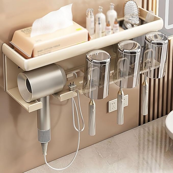 Toothbrush Rack Self-Adhesive Wall-Mounted Toothbrush Holder Cream Bathroom Storage Rack Toothpaste Holder Can Hold Hair Dryer Cosmetics Bathroom Toothbrush Holder(L36.3cm)