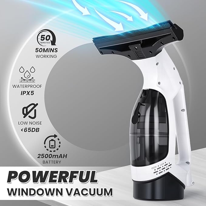 Window Vacuum Squeegee Electric Window Cleaner Window Cleaning Tool with 150ml Dirty Water Tank, Extension Handle for Shower Glass, Window Cleaning Car Windows Tiles Mirrors Glass
