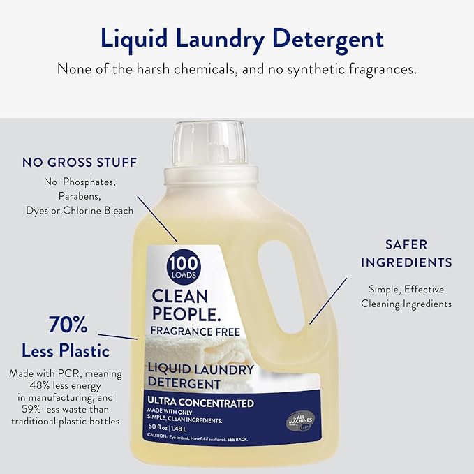 The Clean People Liquid Laundry Detergent - Recyclable Packaging, Stain Fighting - Ultra Concentrated, Laundry Soap - Fragrance Free, 200 Loads