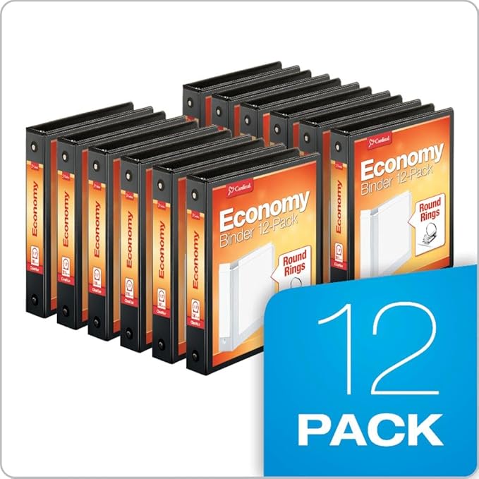 Cardinal Economy 3-Ring Binders, 1.5", Round Rings, Holds 350 Sheets, ClearVue Presentation View, Non-Stick, Black, Carton of 12 (90630)