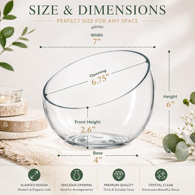 Slant Cut Bowl Glass, Glass Fish Bowl Vase, 6" Height x 7" Width Fruit Jar, Candy Dish, Clear Terraium, Flower Centerpiece