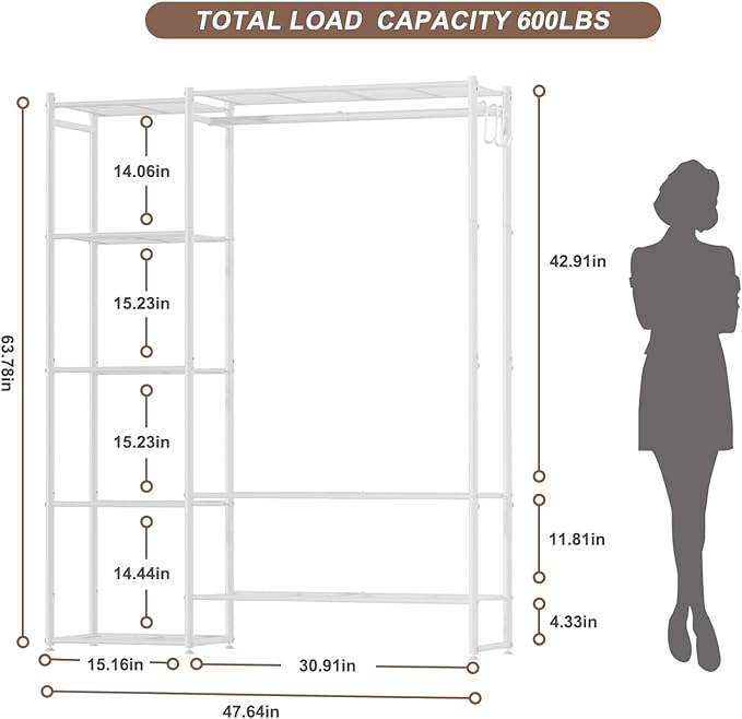 Neprock Clothing Racks for Hanging Clothes with Shelves, Portable Closet System Organizer Garment Rack for Clothes Storage, Metal Free Standing Wardrobe Clothes Organizer(White)