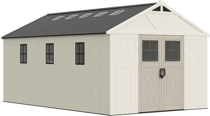 Greesum 10X16FT Plastic Outdoor Storage Shed with Floor and Lockable Door, Resin Sheds with 7-Windows and Multiple Skylights, HDPE Kick-it Shed for Garden, Patio, Backyard, Beige