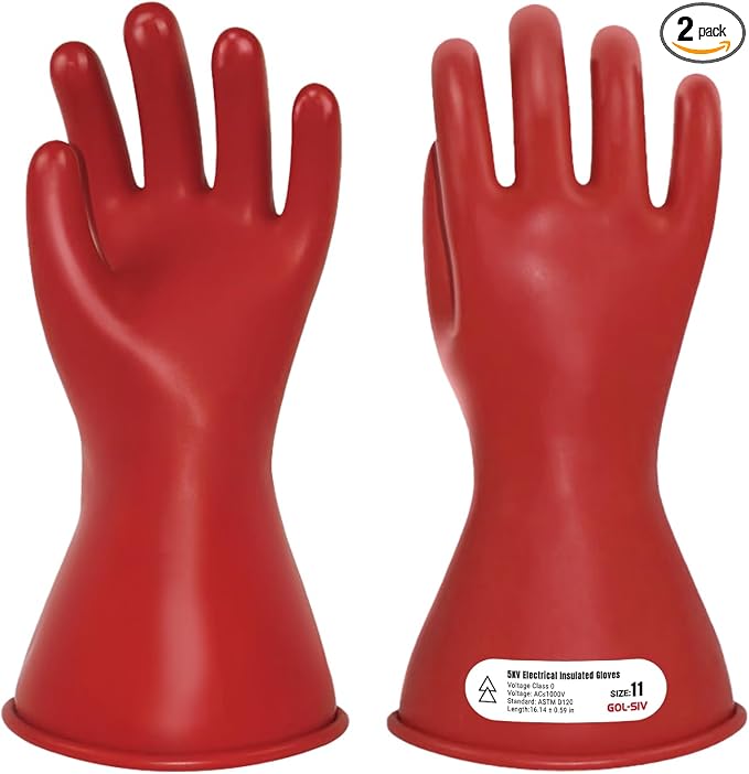 Electrical Insulated Gloves - 5KV Tested Rubber Safety Work Gloves for Electrician, Hybrid EV Car Repair & HVAC - Class 0 Level Protection (Max Use 1000V), Red