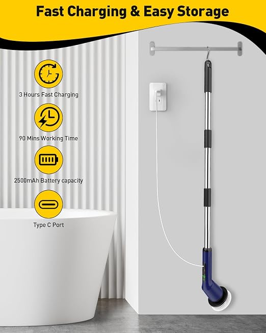 Shower Scrubber with Long Handle, Bathroom Cleaner Brush with 8 Brush Heads, Cordless Electric Spin Scrubber for Cleaning with 2 Speed, Cleaning Supplies for Bathtub Kitchen Floor Navy