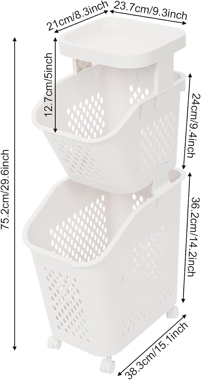 Rolling Slim Laundry Basket on Wheels, Plastic Laundry Sorter Hamper with Removable Basket for Bedroom Toilet Bathroom Kitchen, Space Saving (2-Tier)