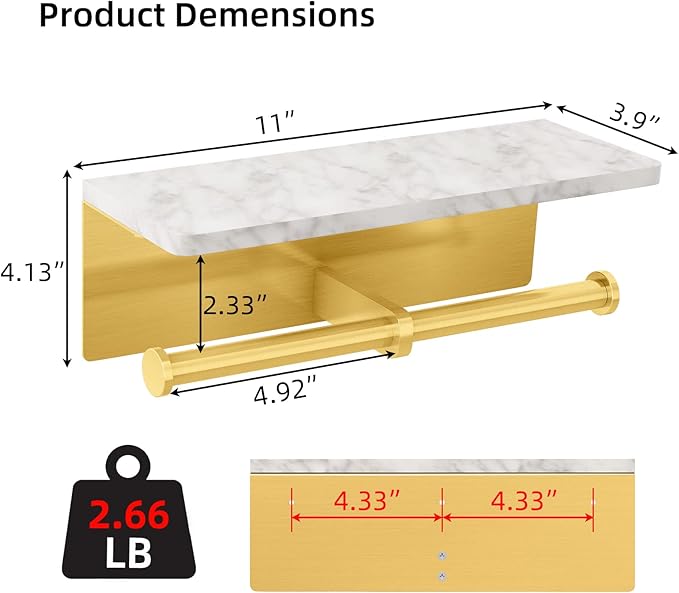 Gypie Brushed Gold Toilet Paper Holder with Marble Shelf, Double Rolls | Toilet Paper Holder with Storage, Toilet Paper Wall Mount for Bathroom Washroom