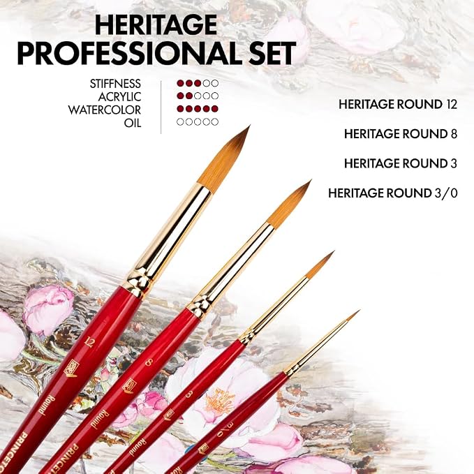 Princeton Artist Brush Co. Heritage 4-pc Synthetic Set of Sable Watercolor Brushes Professional – Sable Paint Brushes for Watercolor Painting for Detail, Control & Versatile Stroke Sizes 3/0, 3, 8, 12