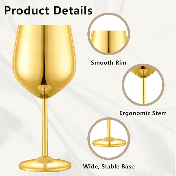 UNISWEET Stainless Steel Wine Glasses Set of 6 with 1 Corkscrew, Gold | 17oz Unbreakable Metal Wine Goblets, Reusable & Sturdy, Ideal for Outdoor, Travel, Camping, Pool, Gift for Wine Lovers