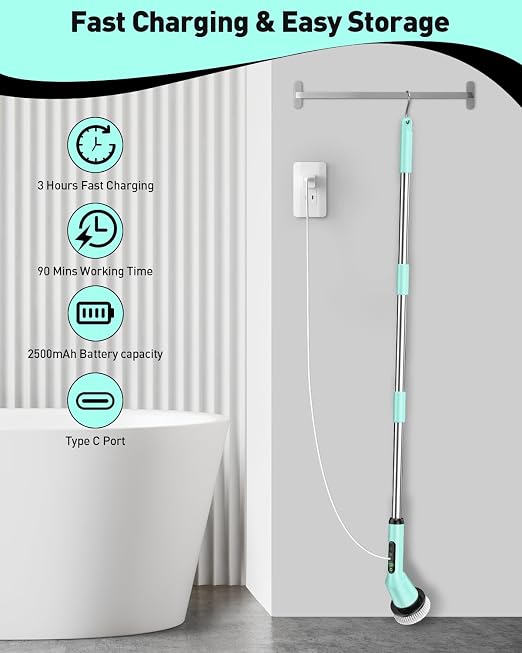 Shower Scrubber with Long Handle, Bathroom Cleaner Brush with 8 Floor Machine Pads, Cordless Electric Spin Scrubber for Cleaning with 2 Speed, Cleaning Supplies for Bathtub Kitchen Floor Mint
