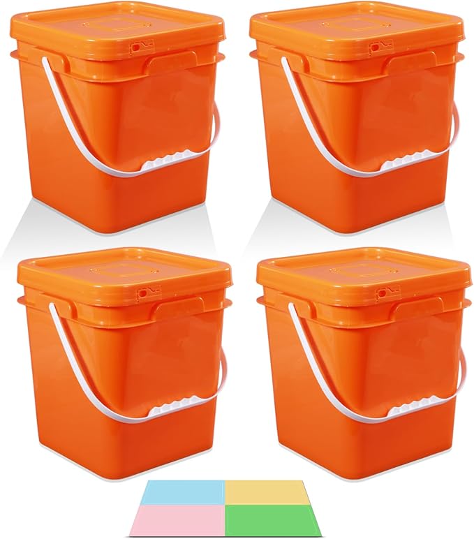 Food Storage Buckets with Lids - 4 Set Square Clear Plastic Containers, Airtight Pressure Seal & Handle for Kitchen Freezer Prep (Orange, 1 gal)
